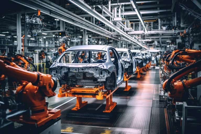 Robotic automotive assembly line with industrial robots building car bodies in an automated production system